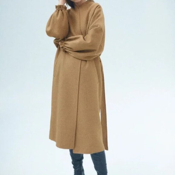 ZARA Camel/Brown/Tan Long Wool Belted Coat Small - Picture 2 of 5